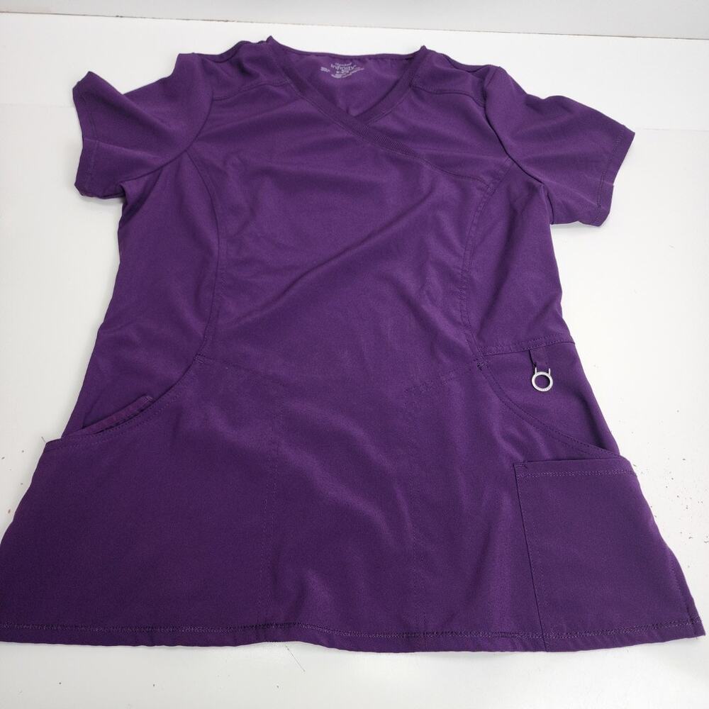 Cherokee Infinity Eggplant Purple Metal Key Ring Solid Scrubs Top Women's Size M